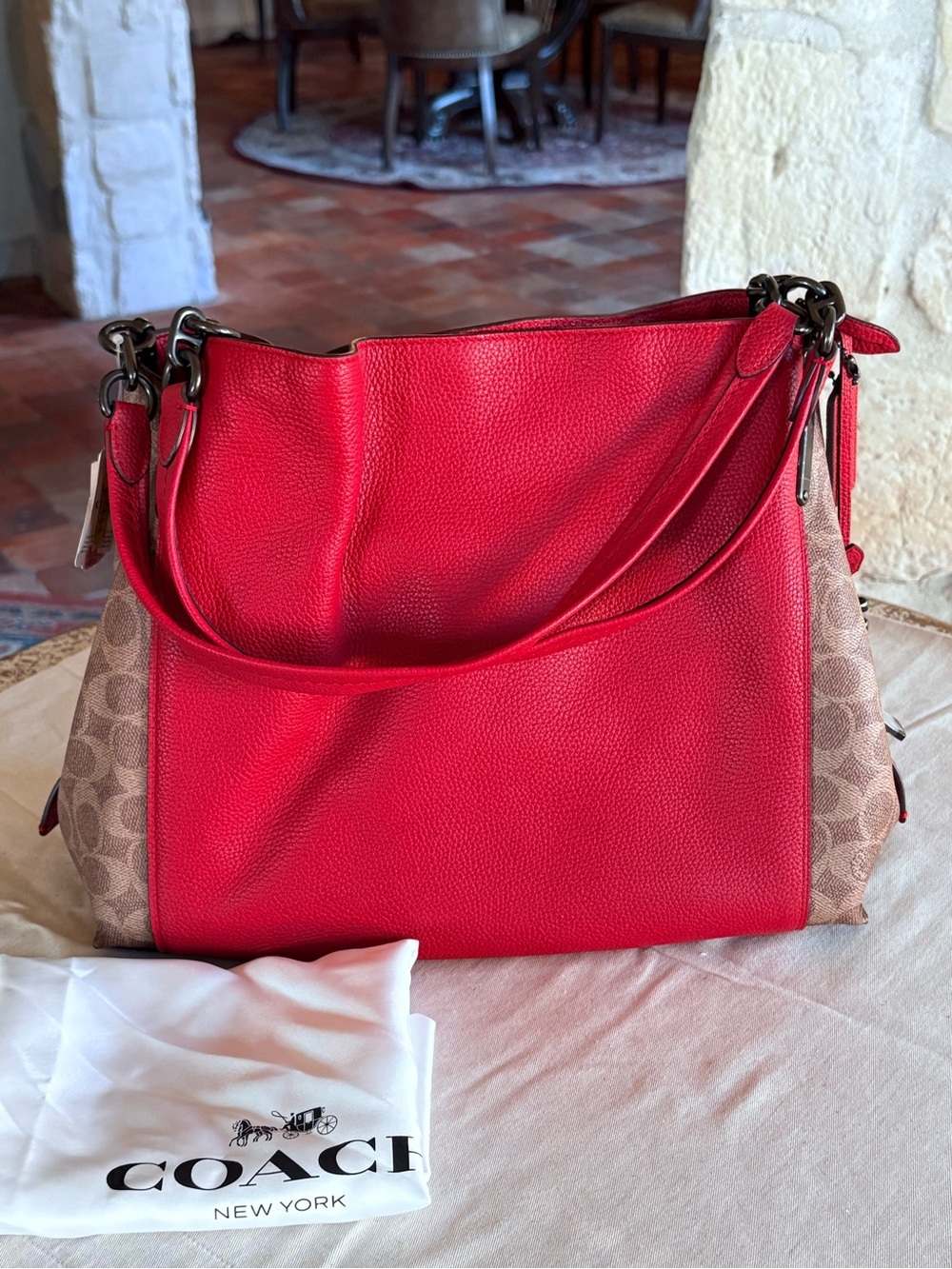 Coach Red Leather Shoulder Bag with Signature Canvas Sides